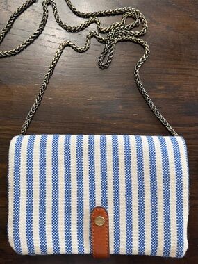 Street Level Blue & Cream Striped Canvas Tote with Brass Detail